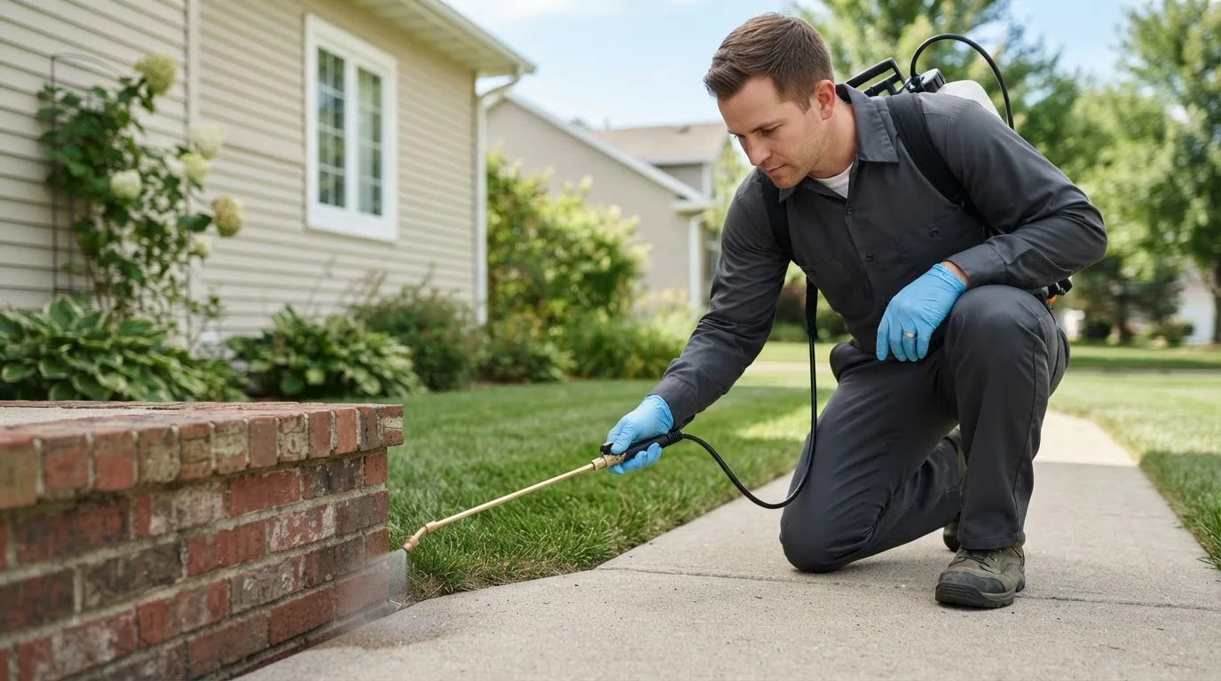 Pest control technician treating a home near Leakey, TX