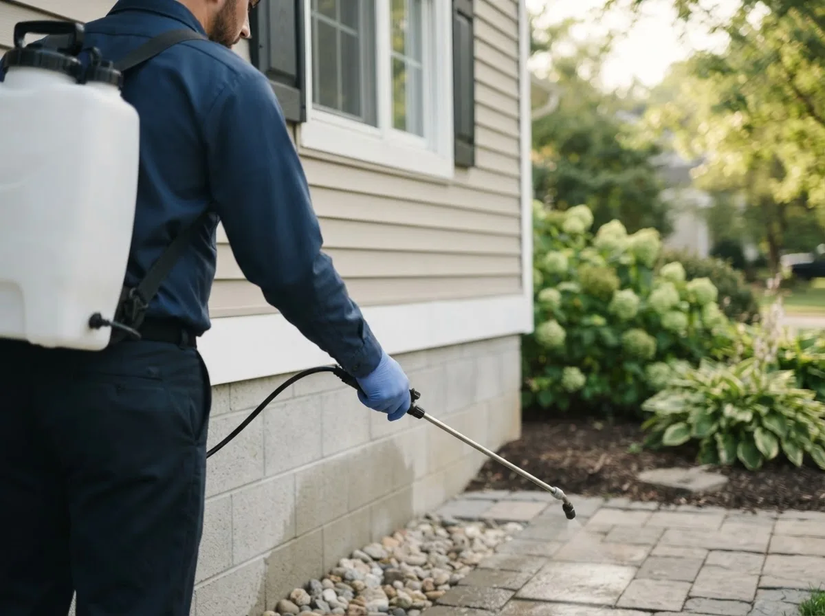 Pest control technician inspecting a home in Leakey, TX